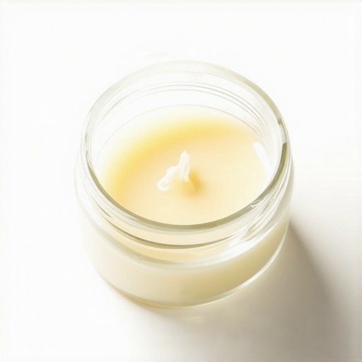 Close-up of melted organic grass-fed tallow in a jar with a natural skincare background