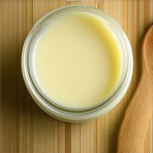 A jar of organic grass-fed tallow with a spoon on a wooden surface