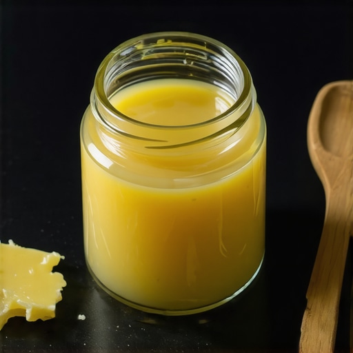 Glass jar of beef tallow with spatula in a clean setting for skincare