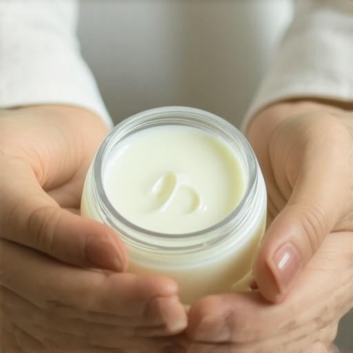 Hands warming tallow cream jar between fingers for smooth application