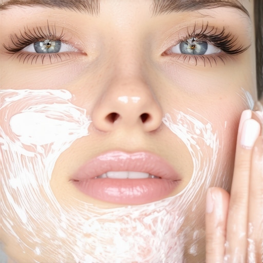 Close-up of a woman applying whipped tallow cream to her face, showing smooth, glowing skin