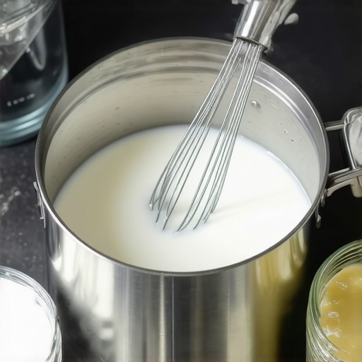 A double boiler, whisk, and glass jars of whipped tallow in a skincare routine setup.