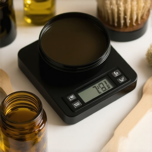 Essential tools for maintaining your tallow skincare routine Close-up of a digital gram scale, spatulas, amber jars, and facial brushes arranged neatly for skincare prep.