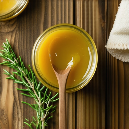 A jar of organic grass-fed tallow with a spoon on a wooden surface, surrounded by fresh herbs and a washcloth for skincare.