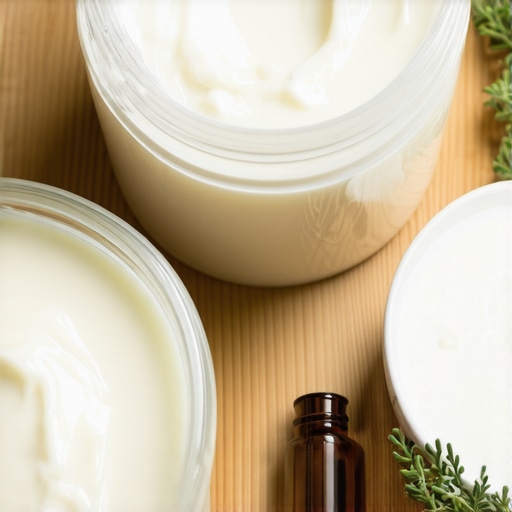 A jar of homemade beef tallow cream with essential oils on a rustic wooden surface