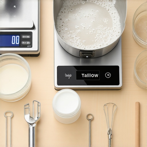 Tools used for preparing natural beef tallow skincare products, including a digital scale, double boiler, glass jars, and hand blender.