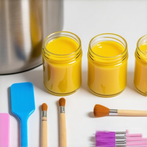 Tools for maintaining and applying tallow-based skincare routines including a double boiler, glass jars, spatula, and brushes.