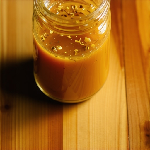 A jar of melted beef tallow with herbs on a wooden table