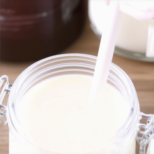 Jar of melted beef tallow being mixed for skincare in a natural light setting