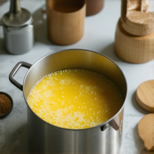 Melting grass-fed tallow on a stove with essential oils and natural ingredients