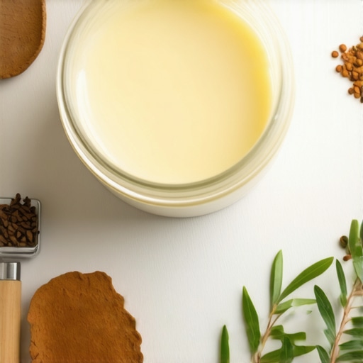 Close-up of a jar of whipped tallow moisturizer surrounded by natural ingredients and tools for DIY skincare