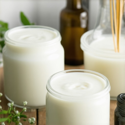 Aesthetic display of whipped tallow cream in glass jars with essential oils on a wooden surface