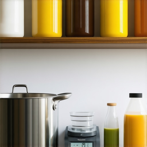 Ideal Tools for Tallow Skincare Maintenance Kitchen tools like a double boiler, digital scale, and glass jars used for preparing and storing tallow skin care products.