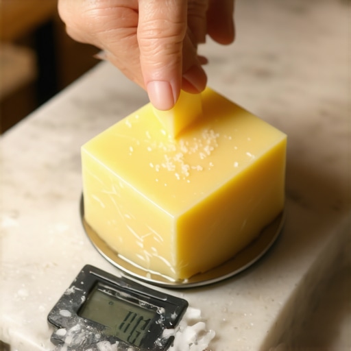 Precision Tools for Tallow Skincare Close-up of a hand using a digital scale to measure grass-fed beef tallow in a skincare lab.