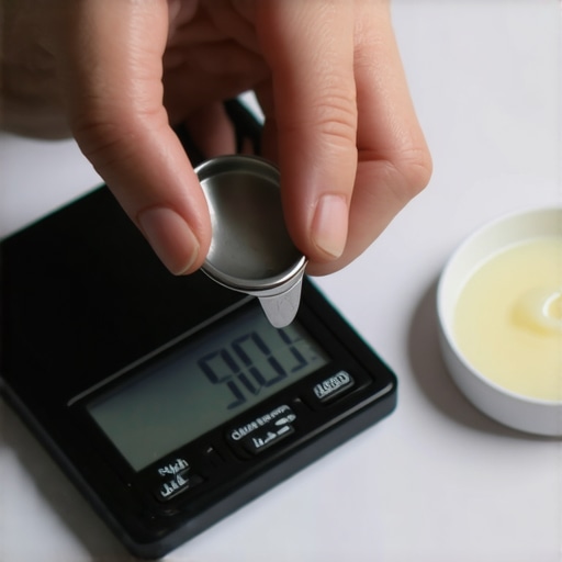 Person measuring homemade nutrient-dense tallow balm using a digital scale to ensure consistency in skincare routine