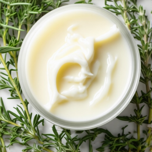 Whipped Grass-Fed Tallow with Herbs Close-up of whipped grass-fed beef tallow infused with herbs in a glass jar, showcasing its creamy texture