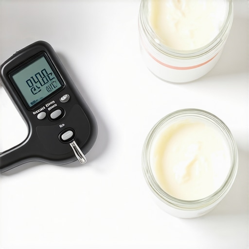 Detailed image showing digital thermometer, glass jars, and mixing tools used in making and maintaining tallow skincare products