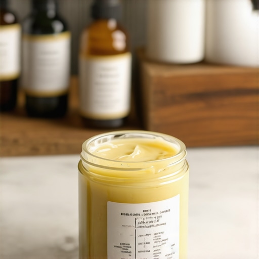 A jar of organic grass-fed beef tallow with natural ingredients in a rustic kitchen setting.