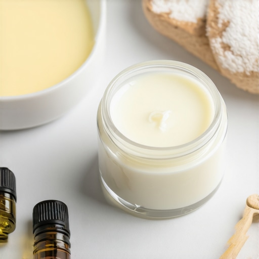 Homemade Tallow Balm with Essential Oils A homemade grass-fed tallow balm jar labeled with ingredients and essential oils, showing a natural skincare setup.