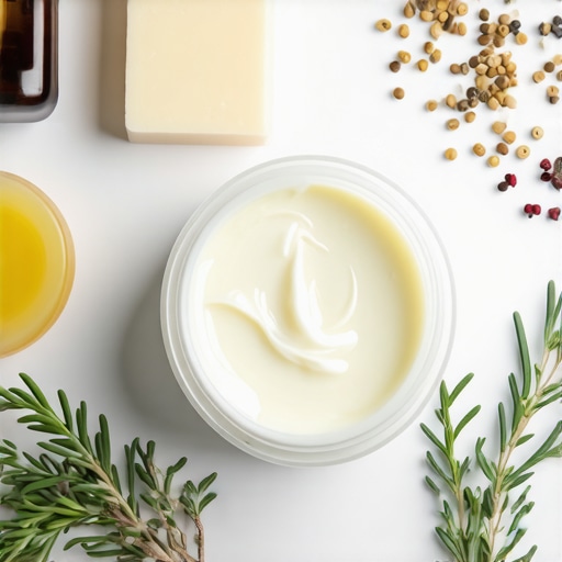 Jar of grass-fed tallow cream surrounded by natural ingredients like herbs and oils.