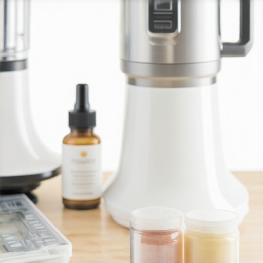 A digital scale, an electric mixer, and glass jars for skincare on a wooden table.