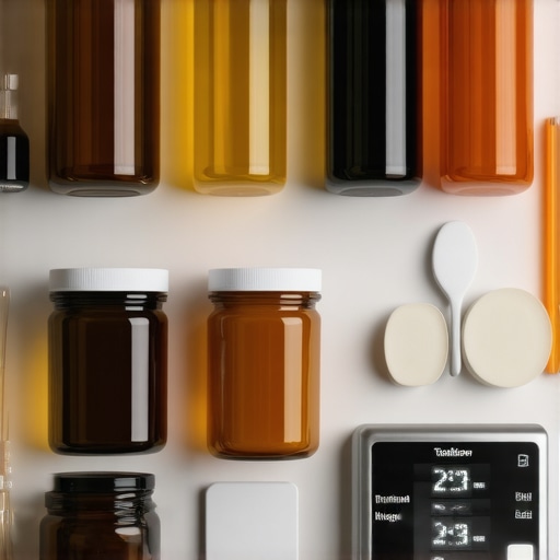 Organized skincare storage with jars, scale, and tools for preserving tallow-based products.