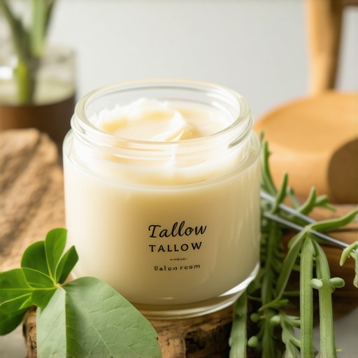 A jar of homemade tallow cream surrounded by herbs and oils on a wooden surface.