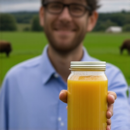 Researcher holding jar of grass-fed beef tallow with farm background